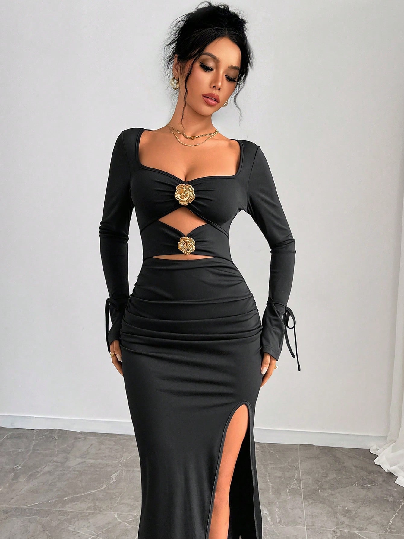 Women Elegant Hollow Floral 3D Pleated Bodycon Split Tied Backless Midi Dress