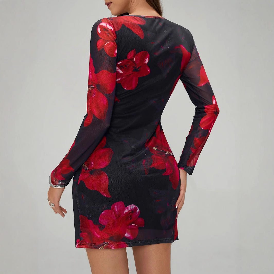 Women's flower printing crew neck mesh slim-fitting long-sleeved dress