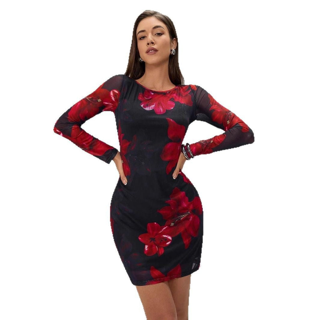 Women's flower printing crew neck mesh slim-fitting long-sleeved dress