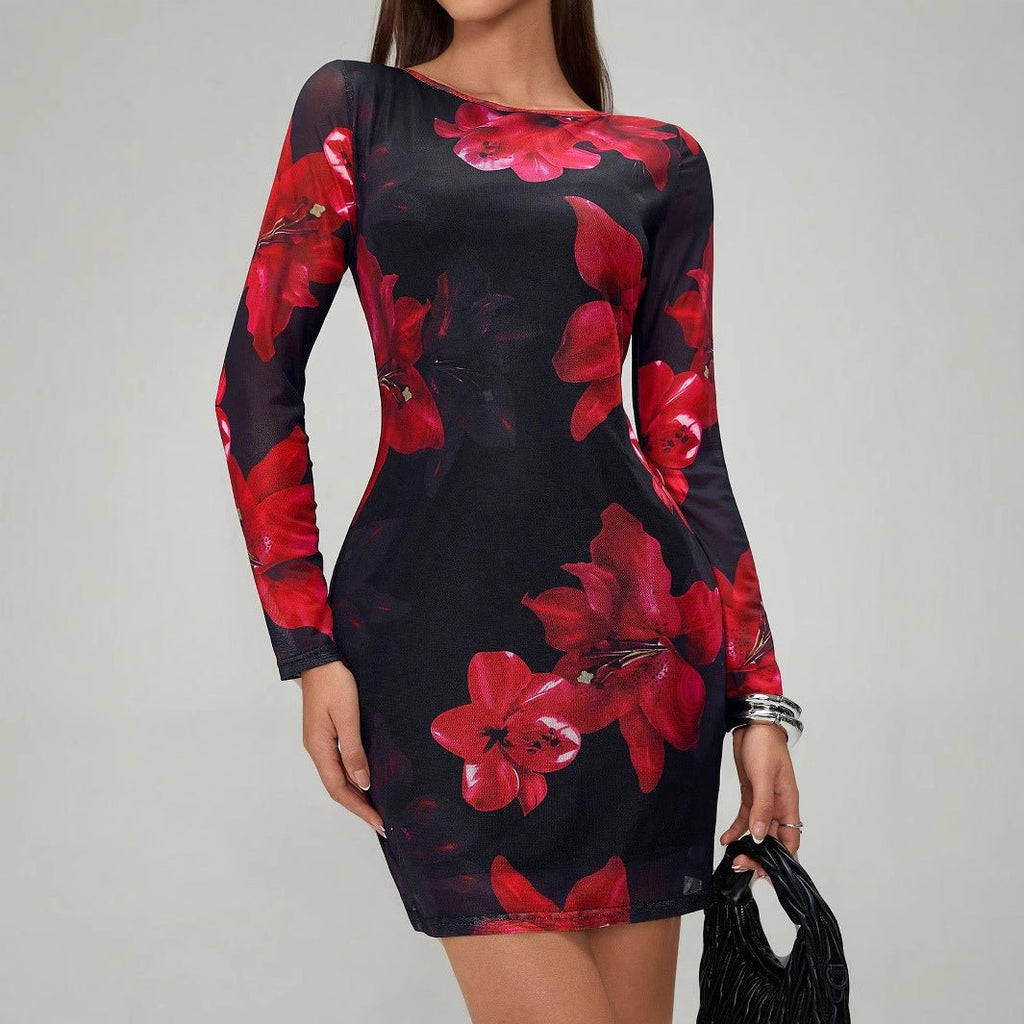 Women's flower printing crew neck mesh slim-fitting long-sleeved dress