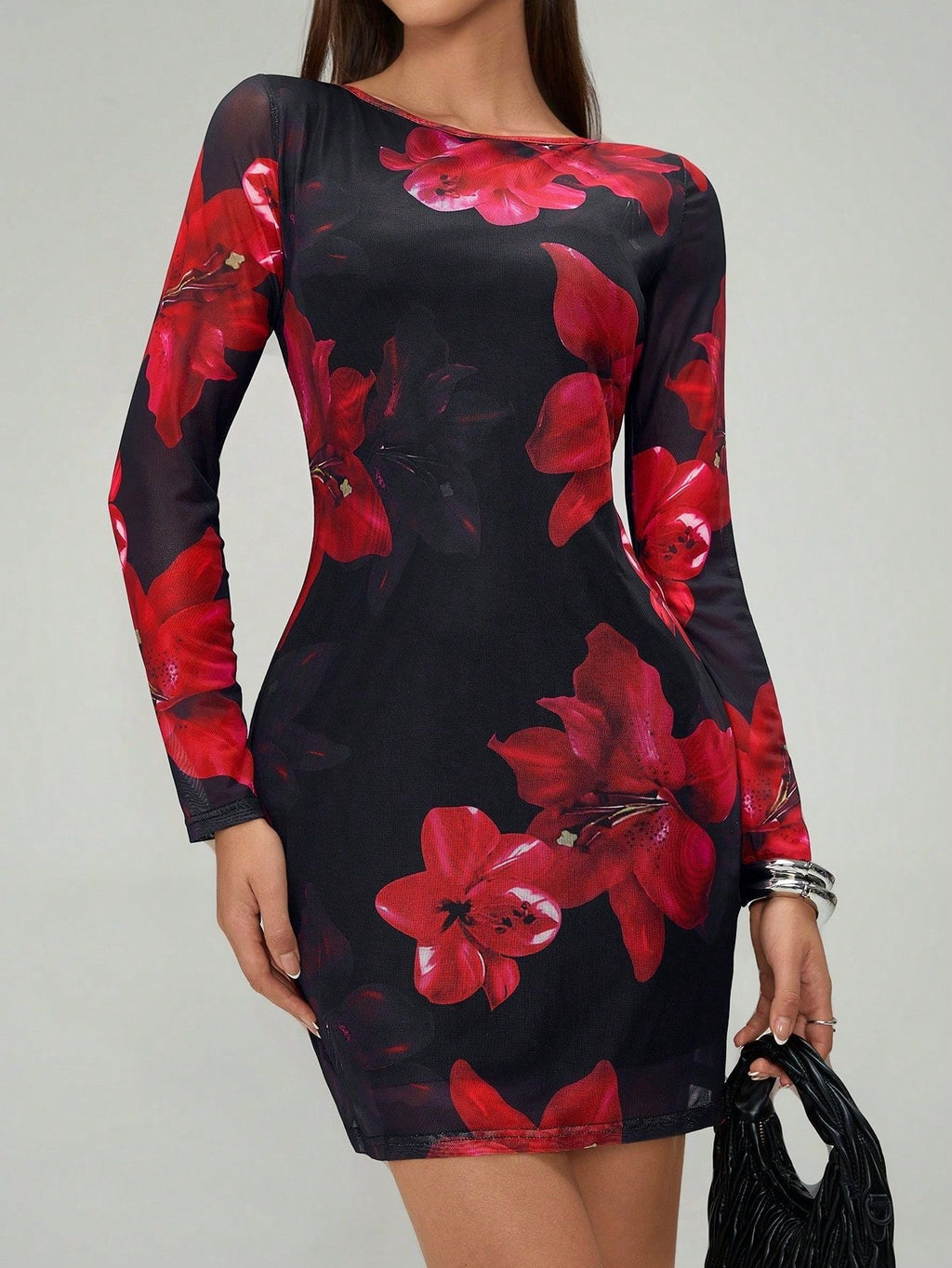 Women's flower printing crew neck mesh slim-fitting long-sleeved dress