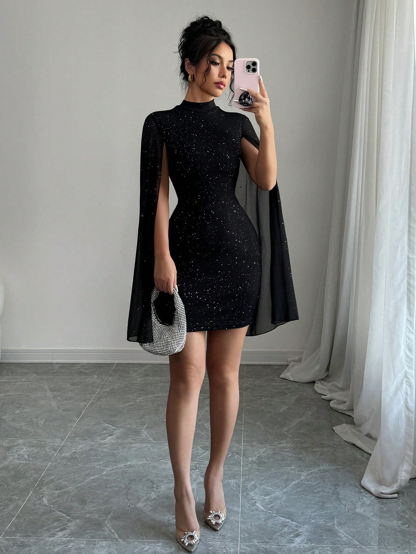 Women's Glitter Print Gorgeous Stand Collar Lantern Sleeve Bodycon Black Dress