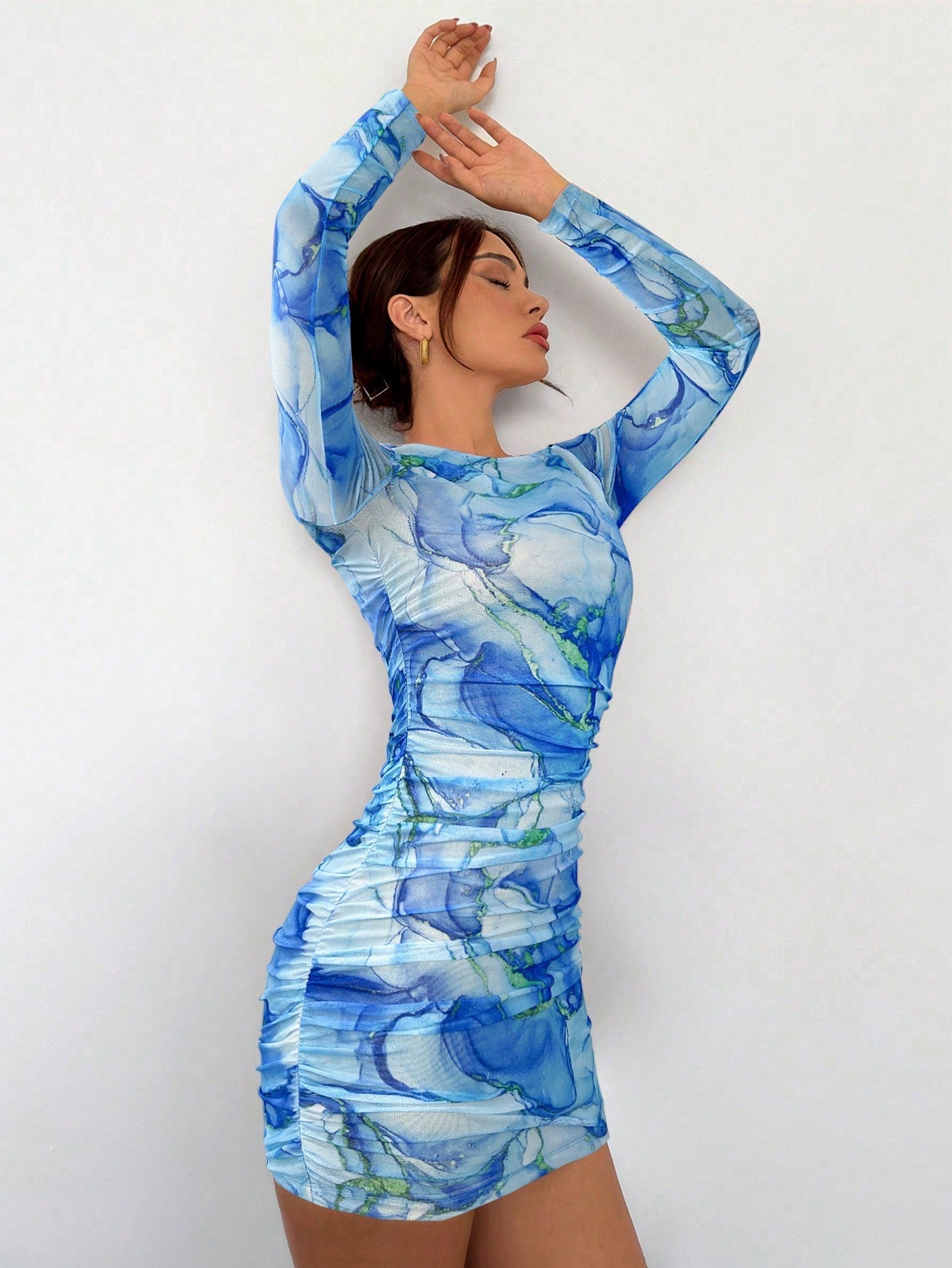 Women's New Romantic Date Night Ombre Print Mesh Bodycon Long Sleeve Mini Dress