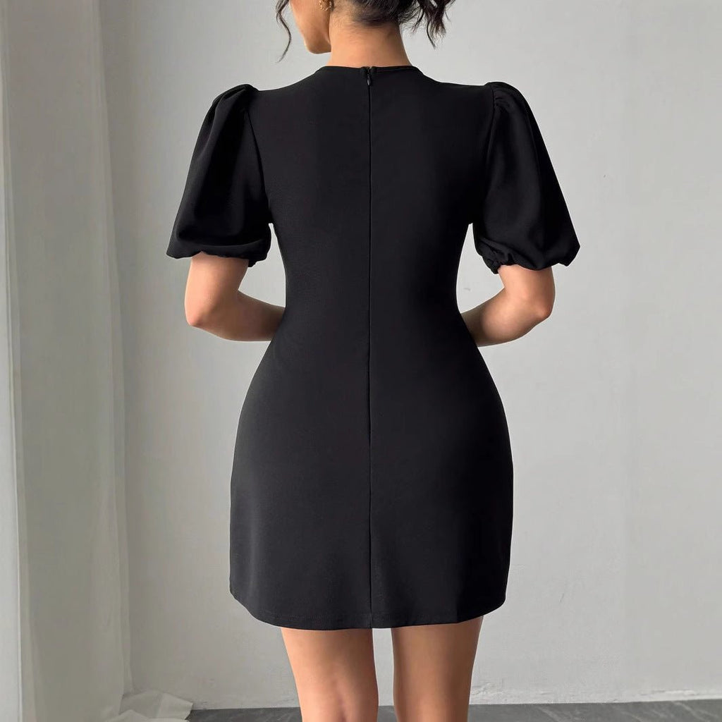 Women's round neck hollow crystal bow bubble sleeve waist dress