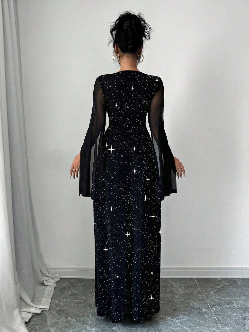 Women's Round Neck Mesh Slit Long Sleeve Casual Elegant Party Sparkle Dress Maxi Women Outfit