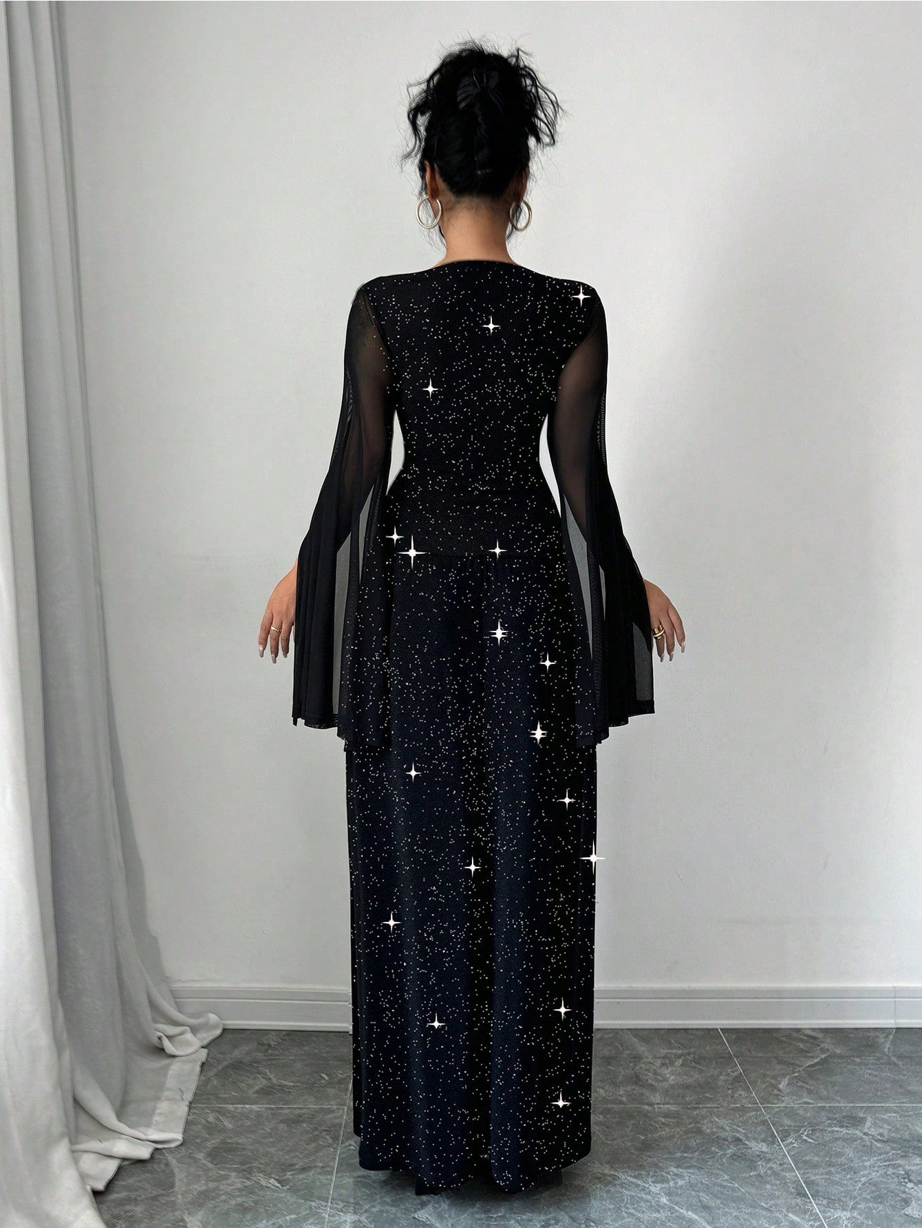 Women's Round Neck Mesh Slit Long Sleeve Casual Elegant Party Sparkle Dress Maxi Women Outfit