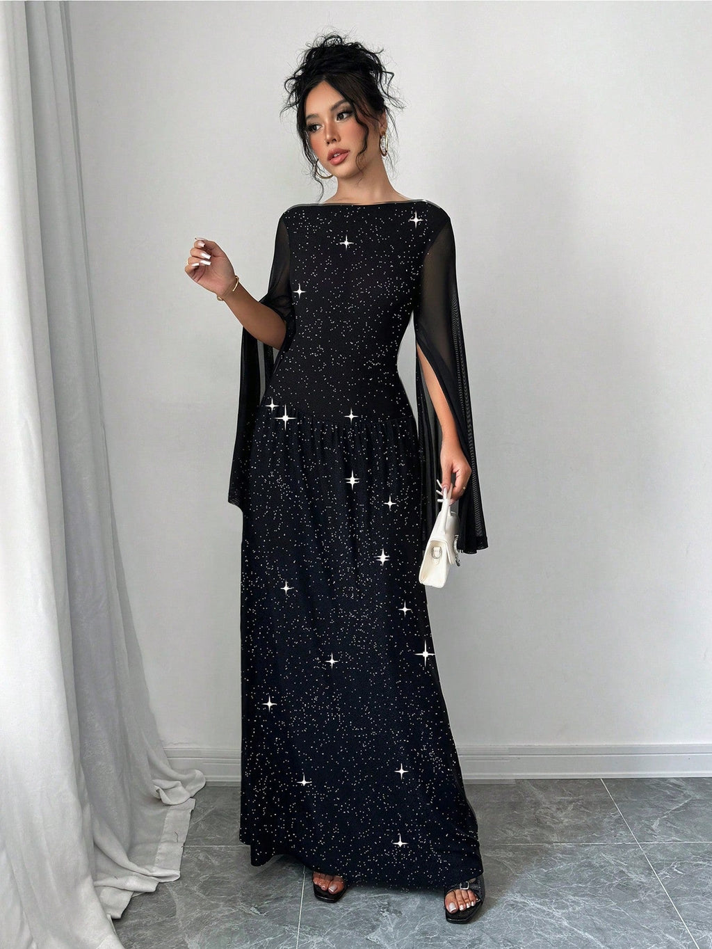 Women's Round Neck Mesh Slit Long Sleeve Casual Elegant Party Sparkle Dress Maxi Women Outfit