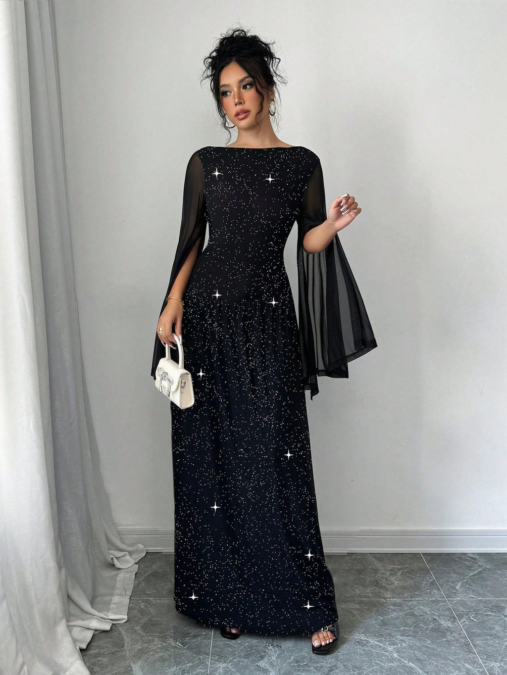 Women's Round Neck Mesh Slit Long Sleeve Casual Elegant Party Sparkle Dress Maxi Women Outfit