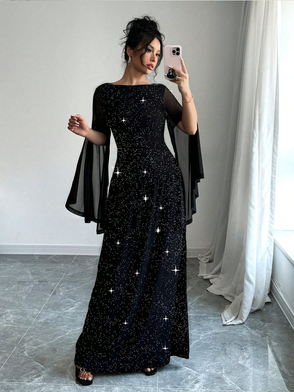 Women's Round Neck Mesh Slit Long Sleeve Casual Elegant Party Sparkle Dress Maxi Women Outfit