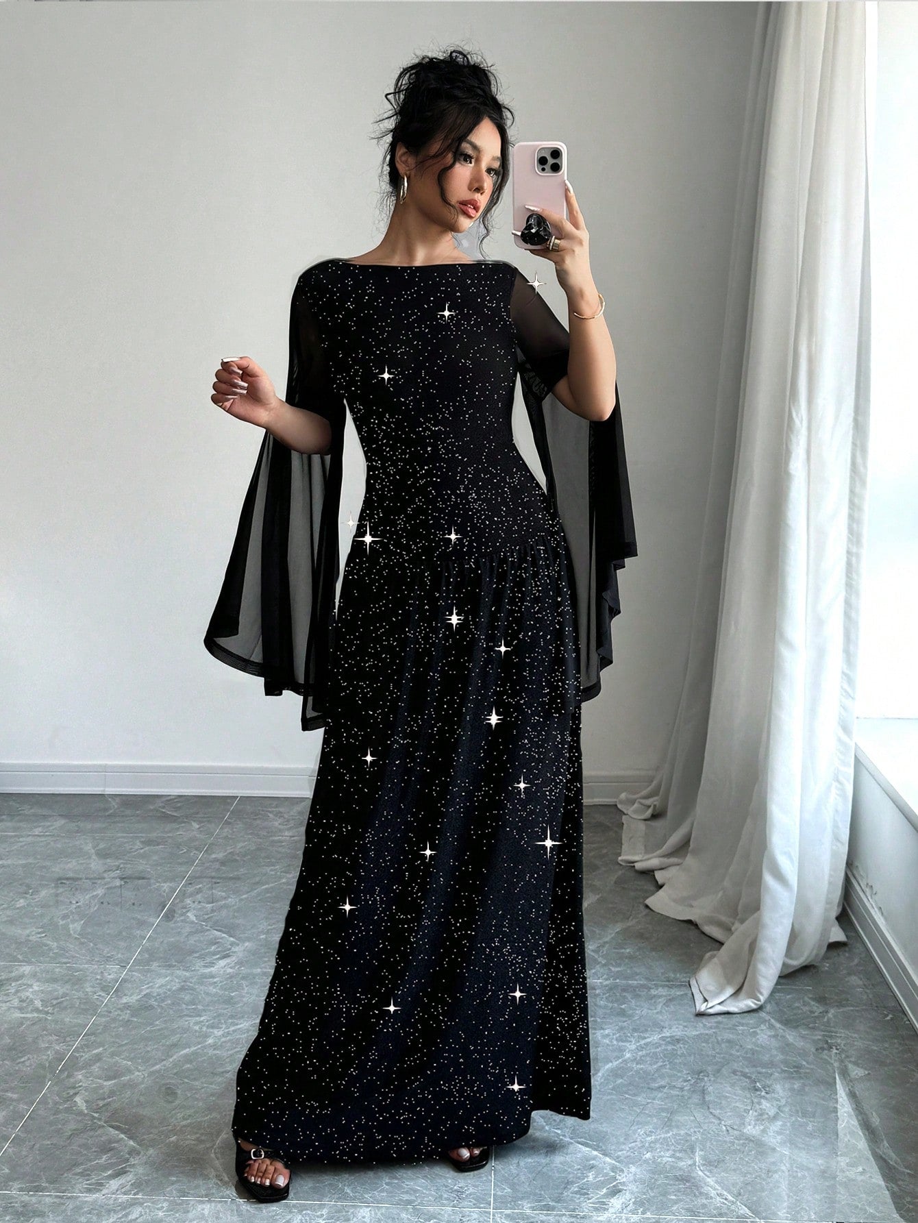 Women's Round Neck Mesh Slit Long Sleeve Casual Elegant Party Sparkle Dress Maxi Women Outfit