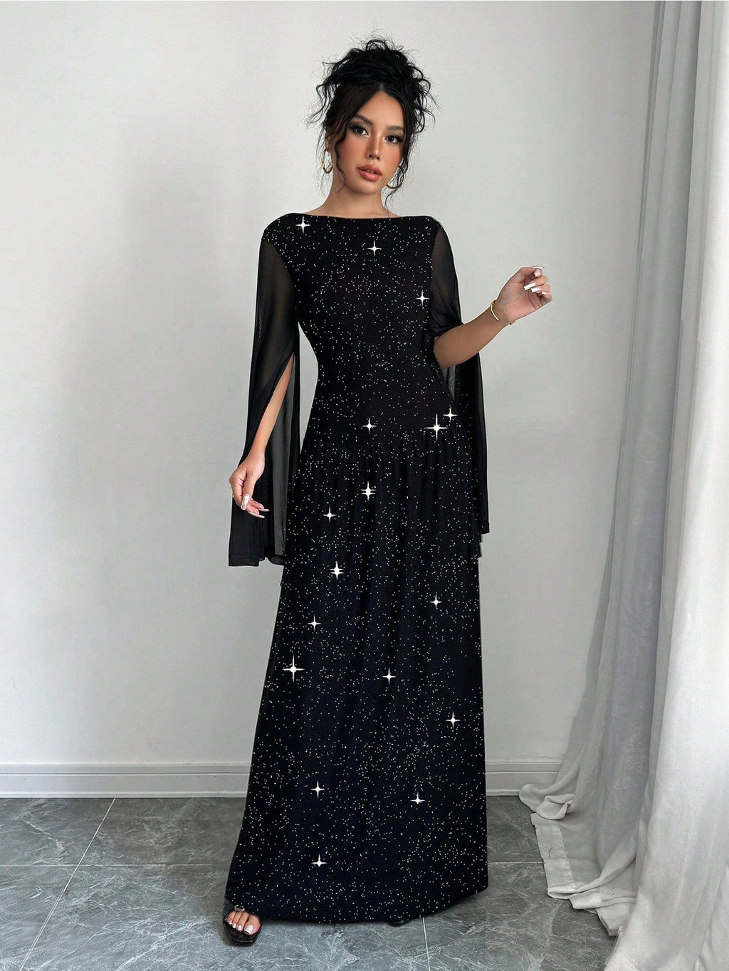 Women's Round Neck Mesh Slit Long Sleeve Casual Elegant Party Sparkle Dress Maxi Women Outfit