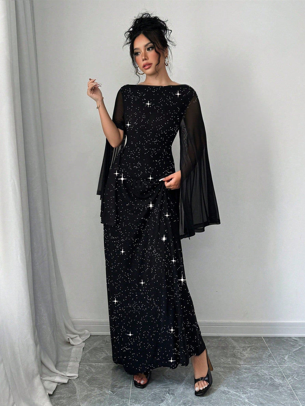 Women's Round Neck Mesh Slit Long Sleeve Casual Elegant Party Sparkle Dress Maxi Women Outfit