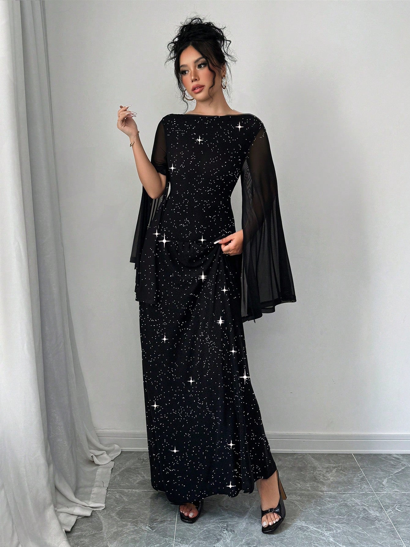 Women's Round Neck Mesh Slit Long Sleeve Casual Elegant Party Sparkle Dress Maxi Women Outfit