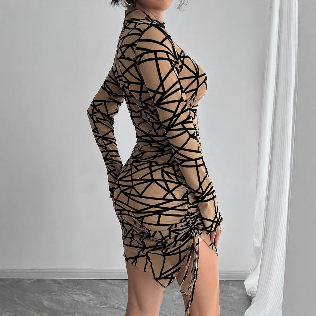 Women's slim-fit side drawstring small stand-up collar long-sleeved irregular short dress