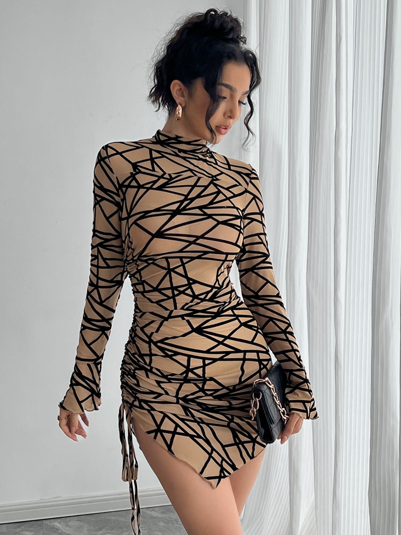 Women's slim-fit side drawstring small stand-up collar long-sleeved irregular short dress