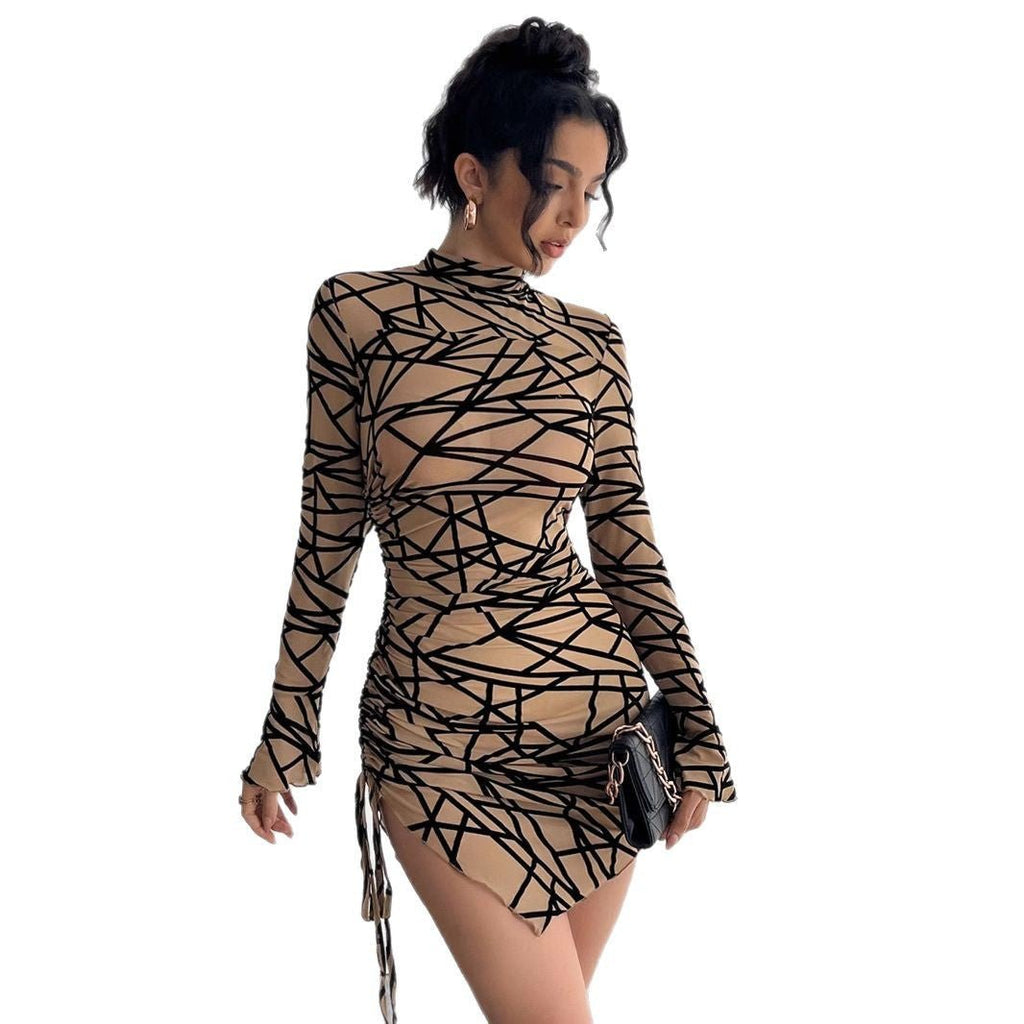 Women's slim-fit side drawstring small stand-up collar long-sleeved irregular short dress