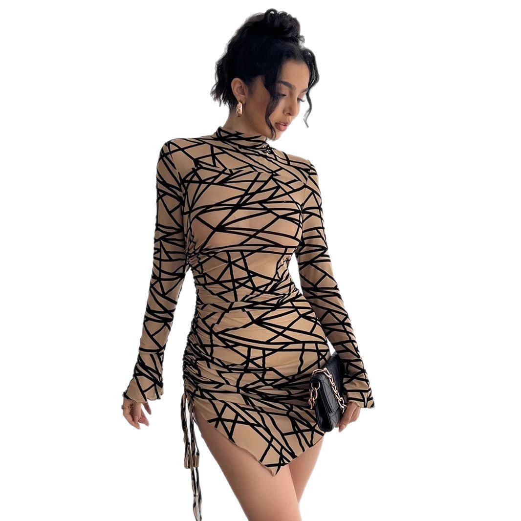 Women's slim-fit side drawstring small stand-up collar long-sleeved irregular short dress