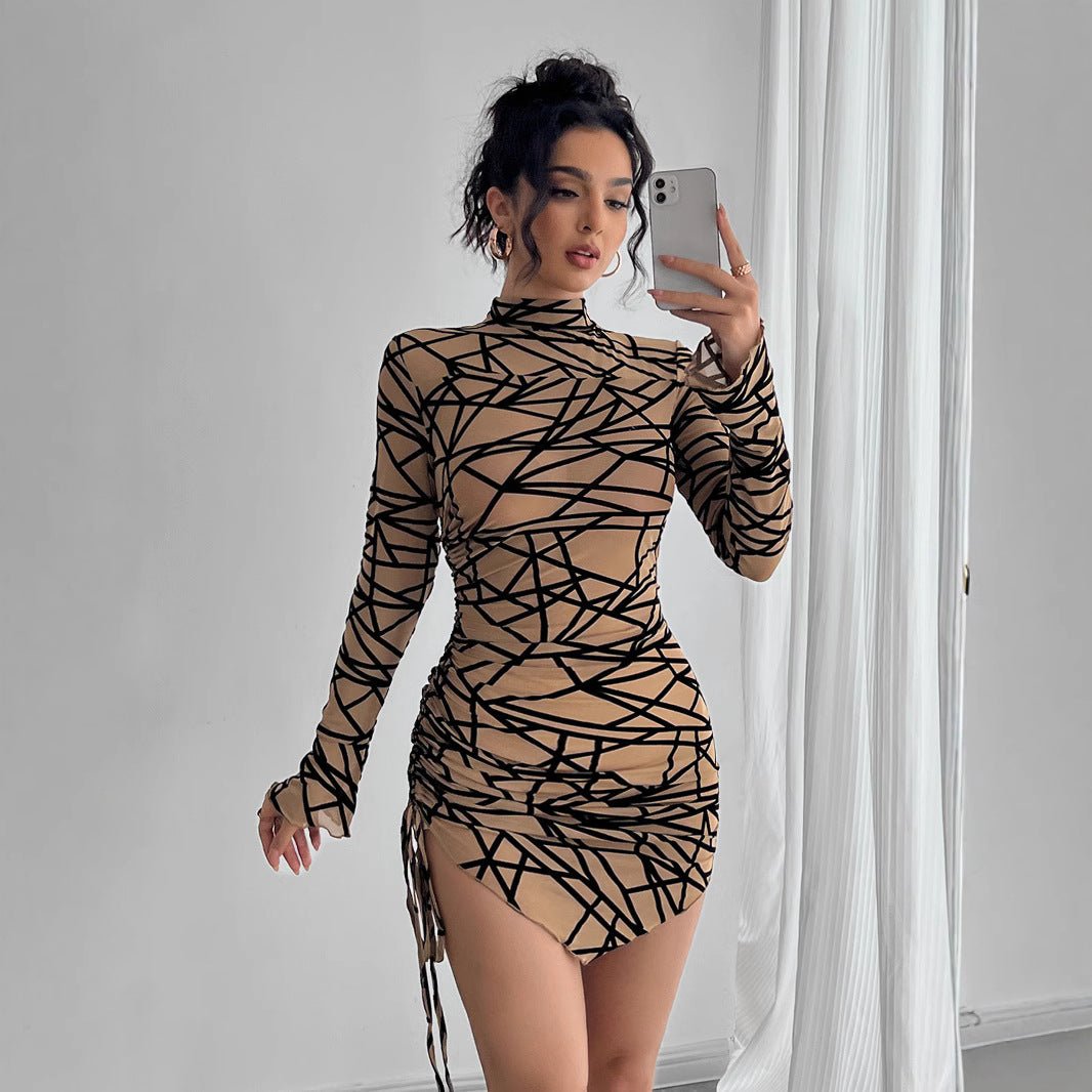 Women's slim-fit side drawstring small stand-up collar long-sleeved irregular short dress