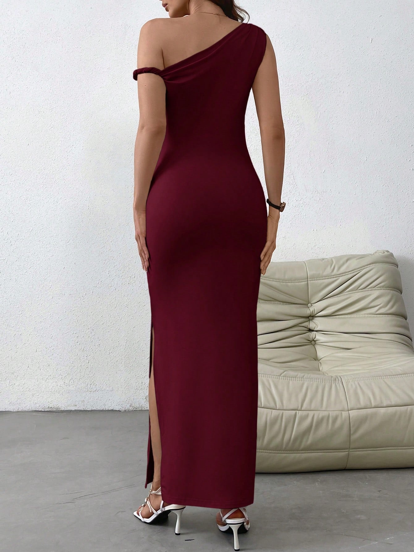 Women's Solid Color Casual Open Slit Oblique Shoulder Knit Dress