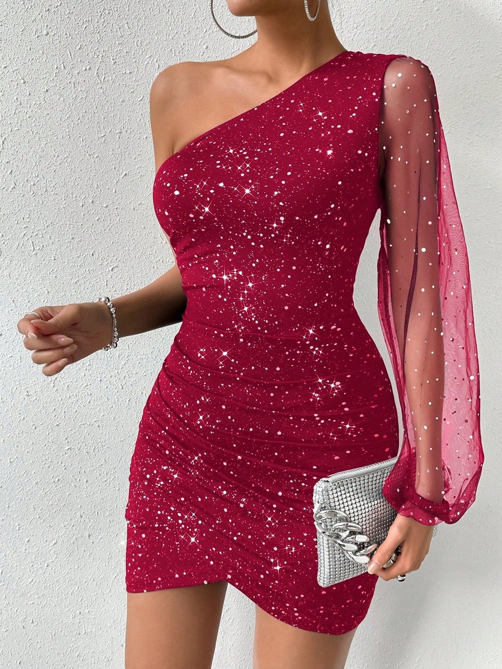 Women's Spring Summer Party Sequin Mesh Sheer Sleeve Metallic Fabric Bodycon One Shoulder Dress For New Year Clothes Red Glitter Dressred Sparkly Dressone Shoulder Dressred Sequin Dressglitz And Glam Dress