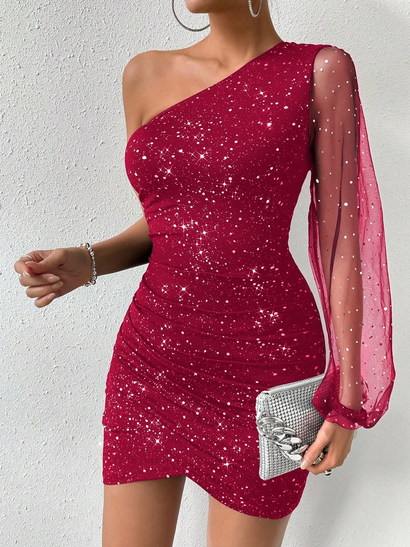 Women's Spring Summer Party Sequin Mesh Sheer Sleeve Metallic Fabric Bodycon One Shoulder Dress For New Year Clothes Red Glitter Dressred Sparkly Dressone Shoulder Dressred Sequin Dressglitz And Glam Dress